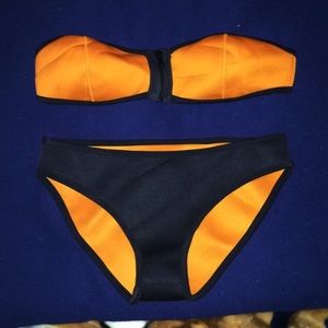 Orange Neoprene Reversible Zip Up Bandeau Bikini