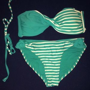 Turquoise and White Stripes Twist Bandeau Bikini