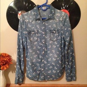 Floral denim button-up blouse