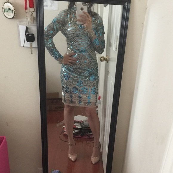 Eye-catching Turquoise nude sequins dress