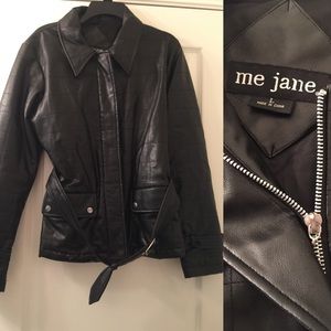 Heavy, lined vegan leather belted jacket