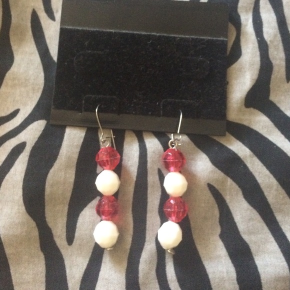 Red and white dangly earrings