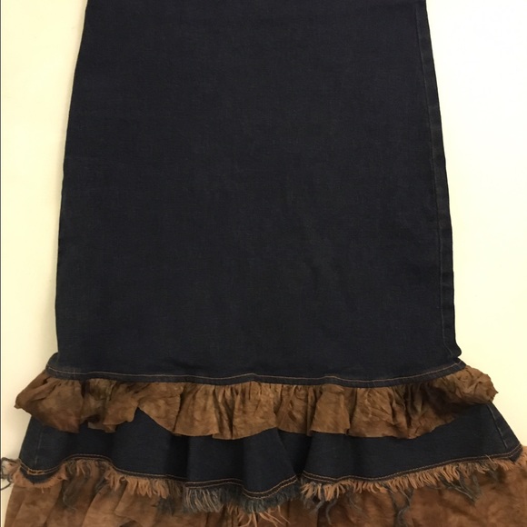 Denim skirt with unique bottom brown sashes