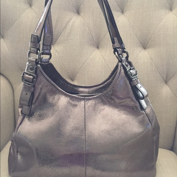 SOLD Coach Metallic Gunmetal Leather Maggie - Picture 2 of 4