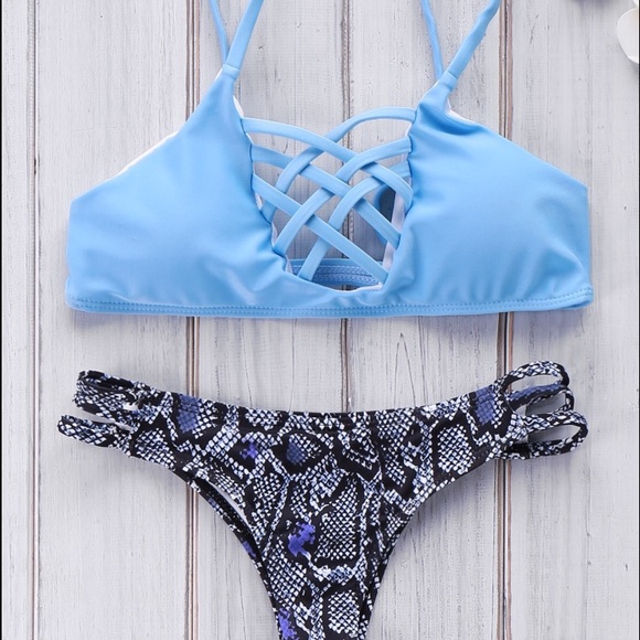 New Blue and Snakeskin Print Bikini Set