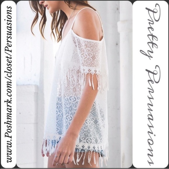 LAST ONE‼️ White Lace & Fringe Cold Shoulder Top - Picture 2 of 4