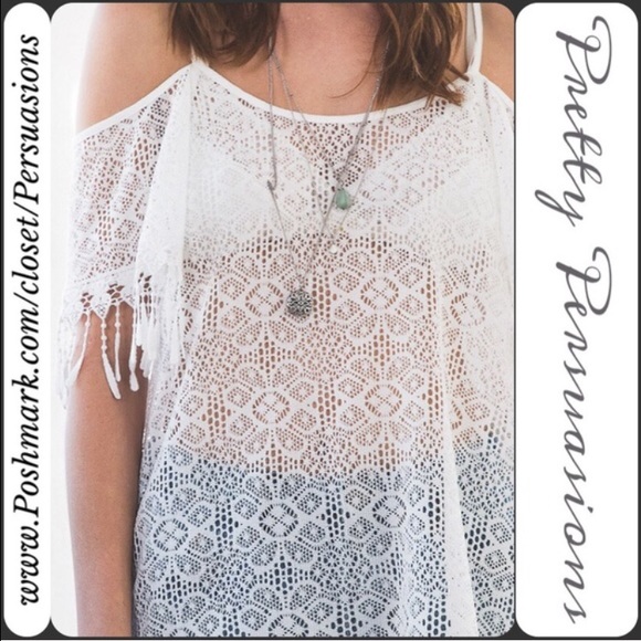 LAST ONE‼️ White Lace & Fringe Cold Shoulder Top - Picture 4 of 4