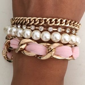 Pink ribbon, pearl, rhinestone, chain bracelet!