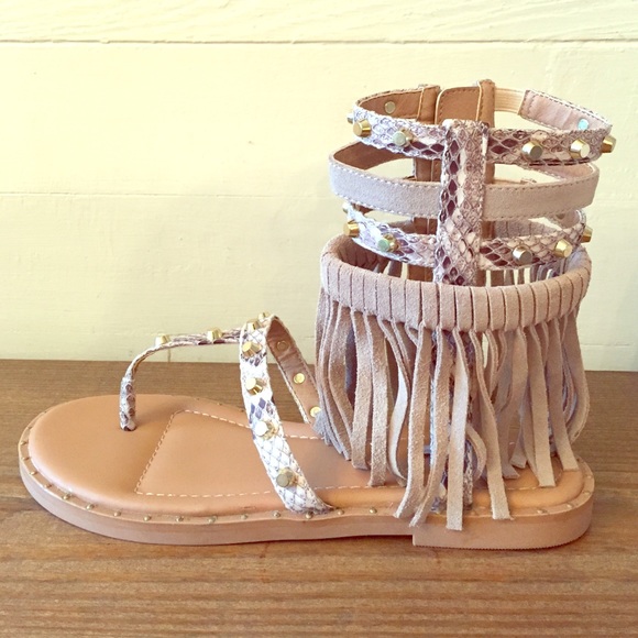 Fringe and snakeskin sandals with gold accents