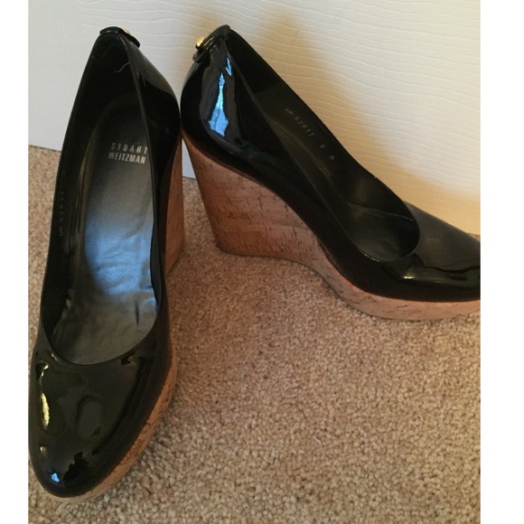 Stuart Weitzman Black Corkswoon Leather Wedge 9