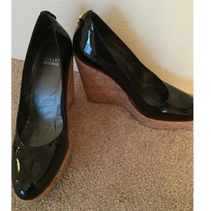 Stuart Weitzman Black Corkswoon Leather Wedge 9