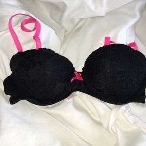 Black lace bra with pink straps