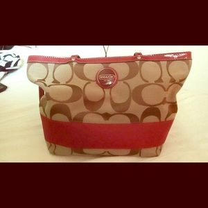 Coach Signature Stripe Tote Khaki Tan & Red