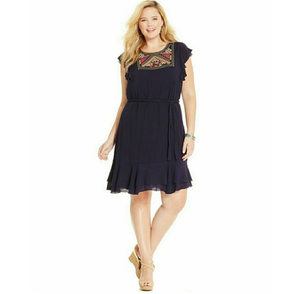 Spense Plus Size Embroidered Flutter-Sleeve Dress - Picture 1 of 2
