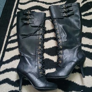 Knee high lace up boot heels