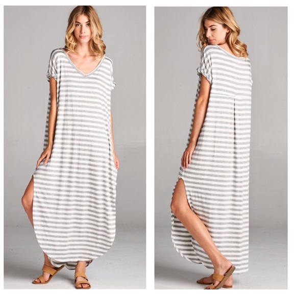 ❗️CLEARANCE❗️Gray Stripe Oversize Maxi Dress S M L - Picture 2 of 4