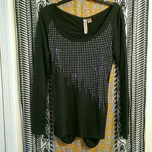 Fitted dark grey long sleeve embellished Tee