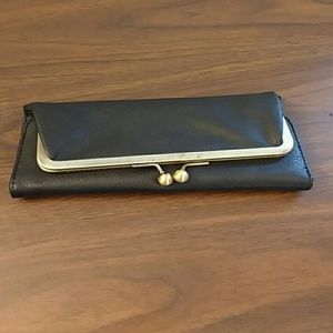 Faux black leather clutch w/ bronze tone hardware