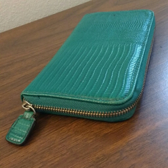 Teal green faux alligator zip around wallet