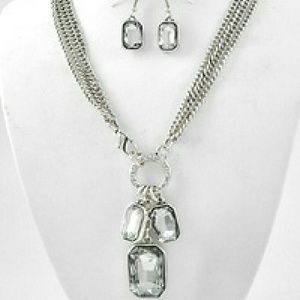 Silver tone stone pendant chain necklace earrings