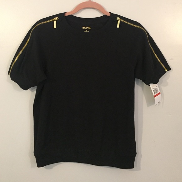 NWT Michael Kors black short sleeve zipper top XS