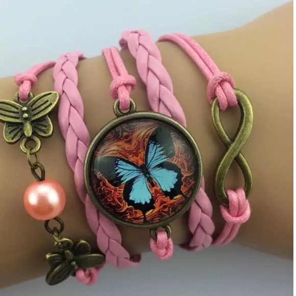 Butterfly Glass Cabochon Dome Cord Bracelet NWT - Picture 2 of 3