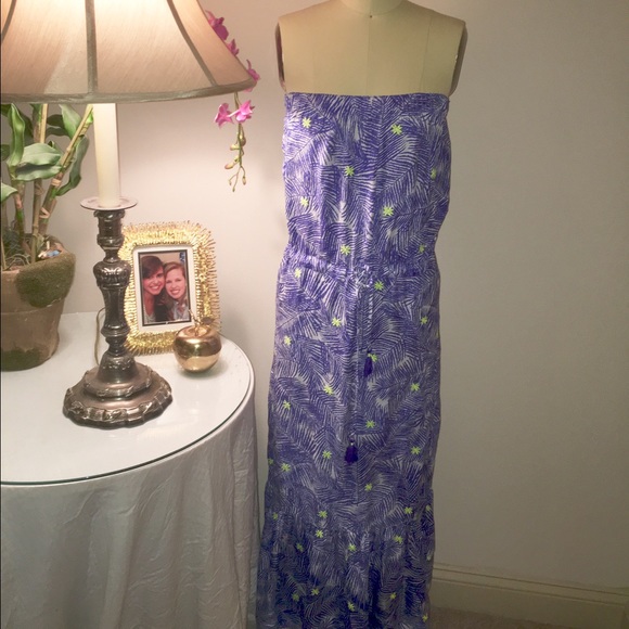 Cobalt Palm Tree Branch w Neon Flowers Print Maxi