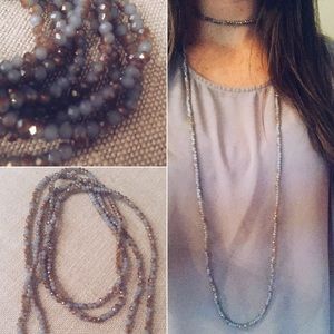 Extra Long Glass Grey Gold Beaded Wrap Necklace