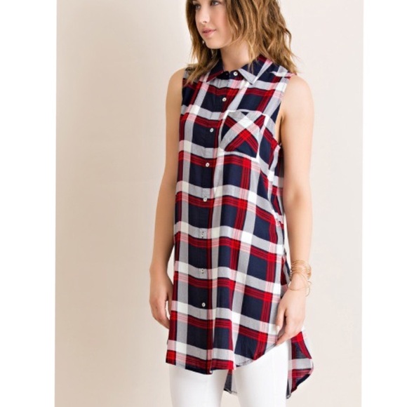 Red Plaid shirt tunic top - Picture 3 of 4