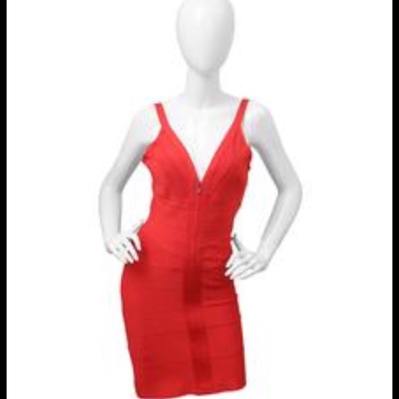 Herve Leger red coral front zip up dress