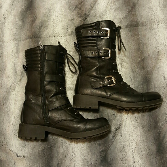 3 buckle faux leather moto boot