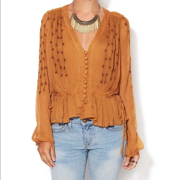 Free People Tops - Free People Burnt Orange Embroidered Blouse