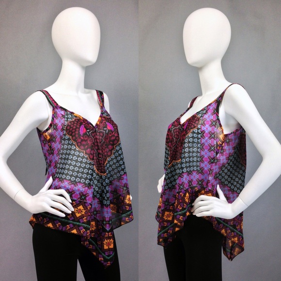 BOHO TOP Scarf Tank Top SHEER CHIFFON Geometric - Picture 2 of 4