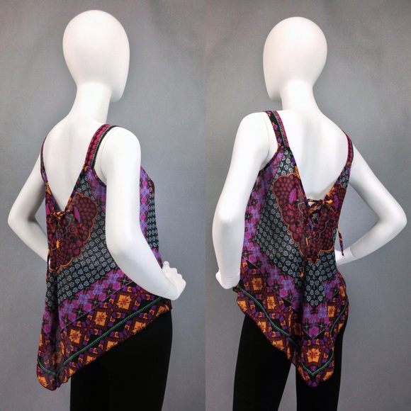BOHO TOP Scarf Tank Top SHEER CHIFFON Geometric - Picture 3 of 4