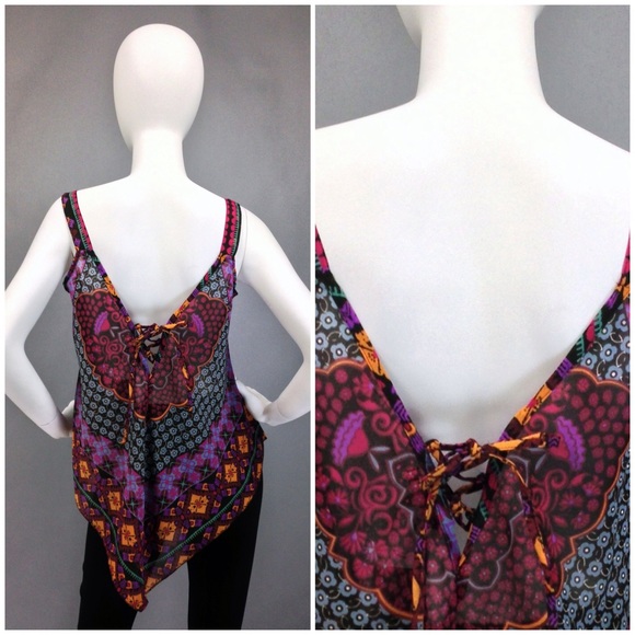 BOHO TOP Scarf Tank Top SHEER CHIFFON Geometric - Picture 4 of 4