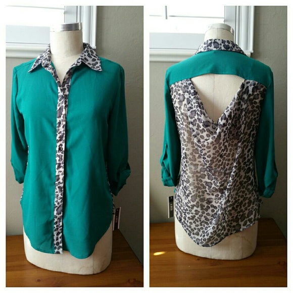 NWT Sheer Teal & Animal Print Button Down Blouse - Picture 1 of 2
