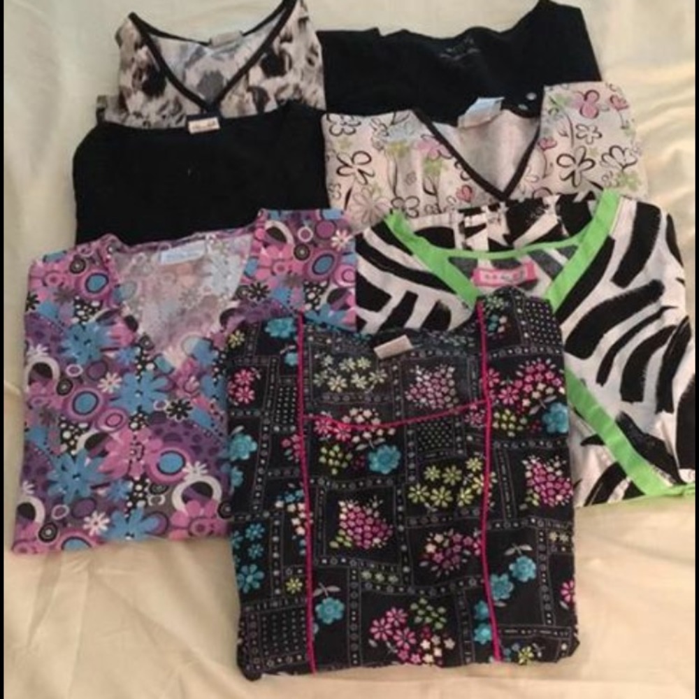 7 scrub tops and 5 scrub pants Size large
