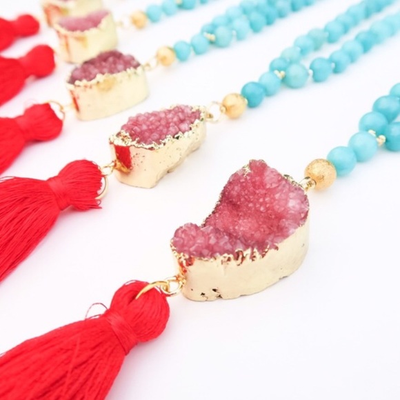 Red Turquoise Druzy Tassel Necklace - Picture 4 of 4