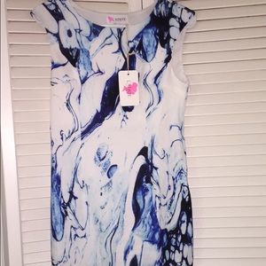 NWT White and blue wave-patterned mini dress
