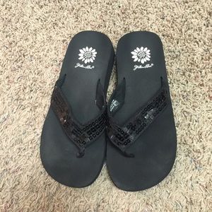 yellow box black sequin flip flops