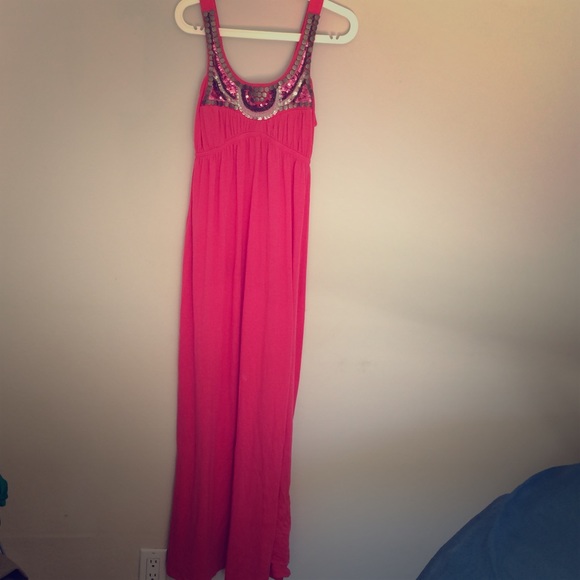 Boho beaded dark pink maxi dress