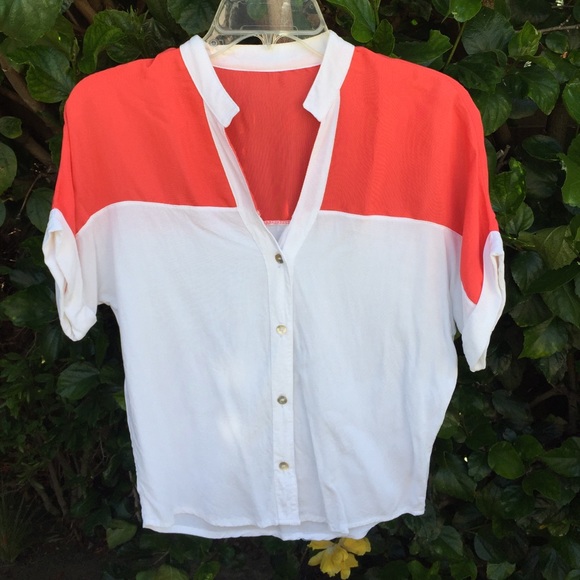 Coral and White Lightweight Button Down T-Shirt