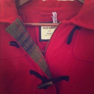 Red and Plaid Wool Toggle Coat