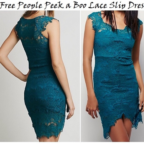 Free People Peek a Boo lace slip dress in peacock