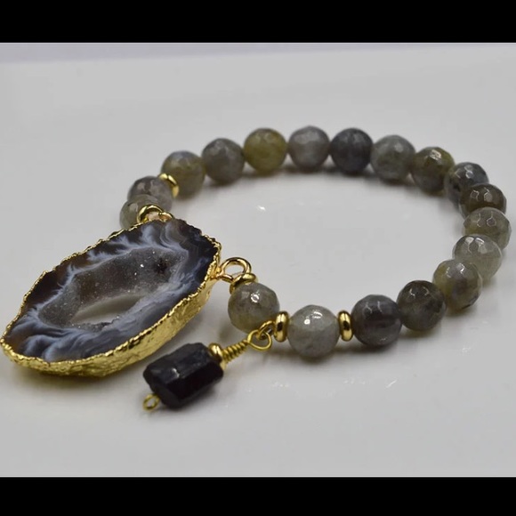 Labradorite bead bracelet/ gold plated agate slice - Picture 2 of 2