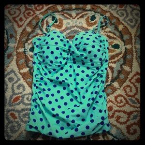 Aqua blue with navy polka dotted swim top