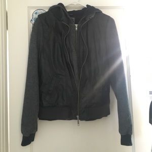 Black/grey faux leather+hoodie combo jacket
