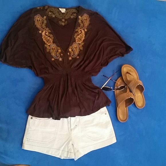 Embroidered dark brown, v-neck blouse