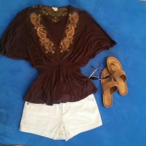 Embroidered dark brown, v-neck blouse