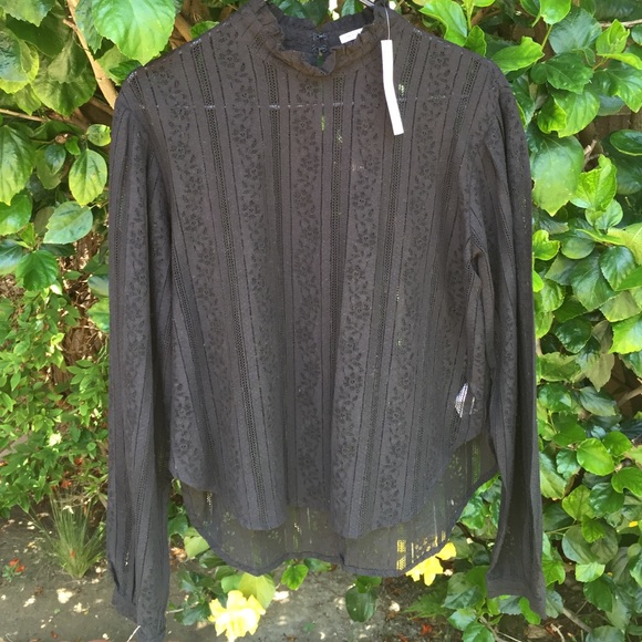 Long Sleeve Black Lace Blouse w/ Ruffle Neckline